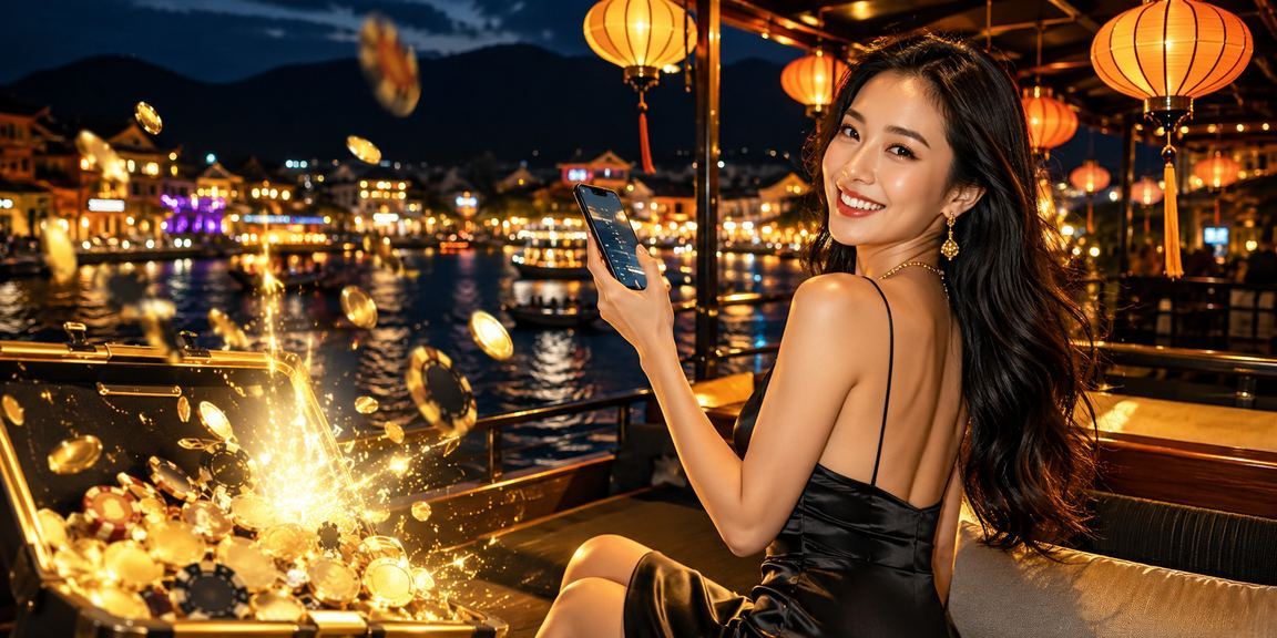 Người dùng tại chợ đêm Hội An truy cập casino trực tuyến trên điện thoại di động